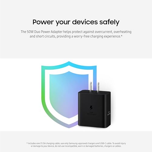 Samsung 50W Duo Power Adapter Wall Charger, 2 Ports, Cable Included, Black