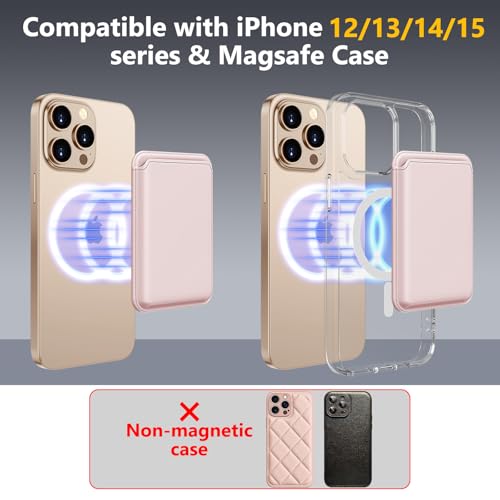 Upgraded MagSafe Wallet, Magnetic Phone Wallet 3 Cards Holder, 23 Magnets, Credit Card RFID Blocking, Slim Leather, Magnetic Wallets for iPhone 17/16/15/14/13/12 Series-Pink - color: Pink