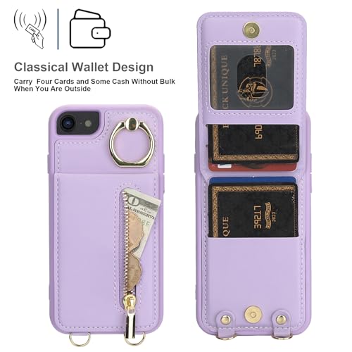 Crossbody Wallet Case for iPhone 7/8/SE 2020/SE 2022, with Card Slots Zipper Pocket Case, Flip Folio Purse RFID Blocking with Ring Kickstand Detachable Strap-Purple - color: Purple, size: iPhone 7/8/SE 2020/SE 2022 (4.7")