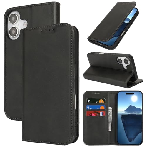 Wallet Case for iPhone 16,Premium PU Leather Flip Folio Case with Card Slot,Stand Holder and Magnetic Closure TPU Shockproof Interior Protective Case,6.1 Inch,Black | Premium PU Leather, Flip Folio Purse Case, with Card Slot, Stand Holder,Magnetic Closure