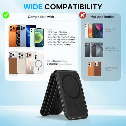 SHIELDON Genuine Leather Magnetic Wallet Stand for MagSafe, Retro Black | Strong Magnetic, Card Holder, Kickstand, Angle Adjustment, Rfid Blocking, for iPhone 17/16/15/14/13/12 Series & Magnet Case - color: Retro Black