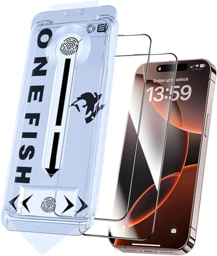 OneFish Screen Protector for iPhone 16, HD Clarity, 2 Pack | 9H Glass Scratch Resistant , Tempered Film with Installation Frame , Easy Installation , Anti-Fingerprint - size: iPhone 16