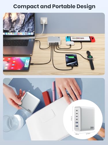 USB C Charger Block 200W[2025 Upgraded] GaN III 6 Port Fast Charging Station Hub,PD 65W USB C Laptop Charger Compatible with MacBook Pro/Air,iPad,iPhone 16/15,Galaxy S23/S24 Steam Deck Dell XPS etc - color: Cool-white, size: 200W