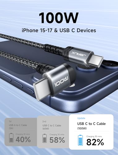 JSAUX 100W USB C to C Cable [10T 2-Pack], Right Angle USB C Fast Charging - size: 10FT - 2 Pack