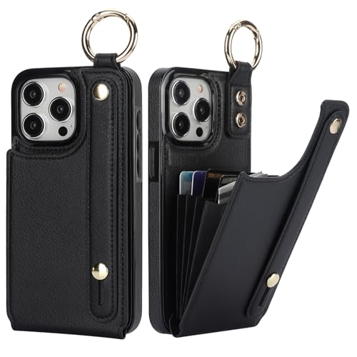 Folosu for iPhone 15 Pro Max Wallet Case with Card Holder, Hand Wrist Strap Loop Holder Kickstand, RFID Blocking Finger Grip Ring PU Leather Double Buttons Shockproof Cover 6.7" Black - color: Black