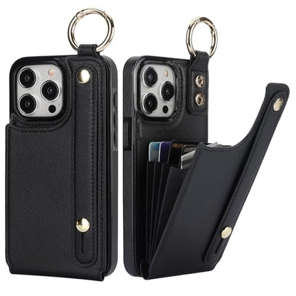 Folosu for iPhone 15 Pro Max Wallet Case with Card Holder, Hand Wrist Strap Loop Holder Kickstand, RFID Blocking Finger Grip Ring PU Leather Double Buttons Shockproof Cover 6.7" Black - color: Black