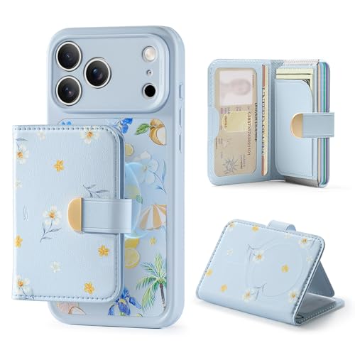 ESR Aura Clutch for MagSafe Wallet for Women, 5 Card Holder, RFID Blocking | MagSafe Ring Included, Magnetic Wallet Stand for iPhone 17 16 15 14 13 12 & Select Samsung, Tropical Paradise, Light Blue - color: Light Blue