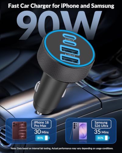 iPhone 18 17 16 Car Charger Fast Charging, 90W 4Port USB C Fast Car Charger - color: Black