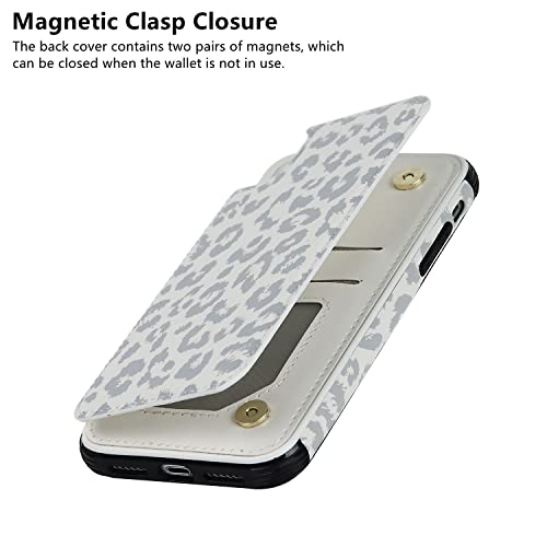 iCoverCase Compatible with iPhone XR Wallet Case with Card Holder and Wrist Strap, RFID Blocking Card Slots PU Leather Kickstand Protective Phone Case (Gray Leopard)