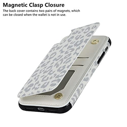 iCoverCase Compatible with iPhone XR Wallet Case with Card Holder and Wrist Strap, RFID Blocking Card Slots PU Leather Kickstand Protective Phone Case (Gray Leopard)