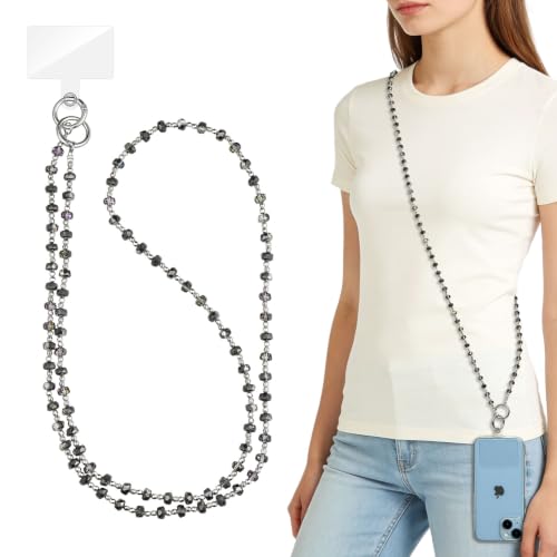 WOZEAH Crystal Cell Phone Lanyard Crossbody Strap for Women, Beaded Phone Strap for Cellphone Case with Tether Tab - color: Grey Square Crystal