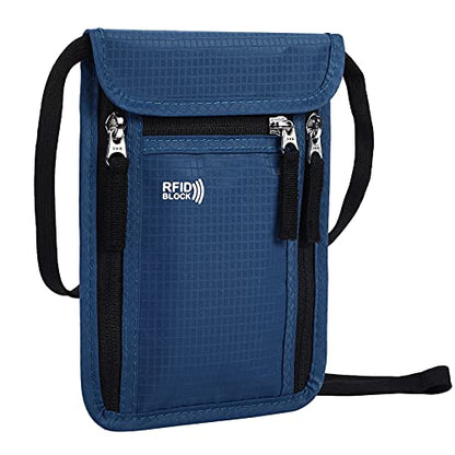 Travel Pouch Neck Wallet Family Passport Holder Organizer Case with RFID Blocking - color: Navy Blue