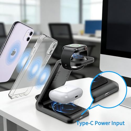 3 in 1 Wireless Charging Station, 15W Wireless Charger Stand for iPhone, Charging Dock for Watch and AirPods, Type C Input with 1m Cable Included, ABS Desk Nightstand Charger