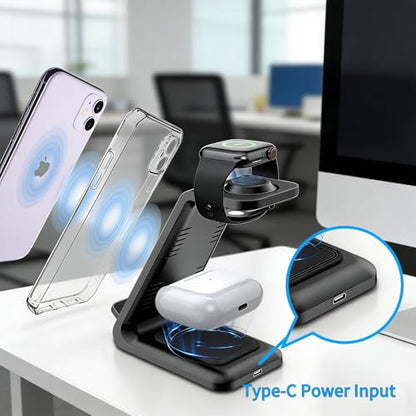 3 in 1 Wireless Charging Station, 15W Wireless Charger Stand for iPhone, Charging Dock for Watch and AirPods, Type C Input with 1m Cable Included, ABS Desk Nightstand Charger