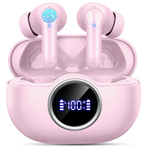 Bluetooth 5.4 Earbuds, 2026 Wireless Headphones 3D-Stereo Deep Bass Ear Bud, 4 ENC Noise Cancelling Mic, 40+Hrs USB-C Earphones, IP-X7 Waterproof Headset Sport Gym Workout for Laptop Pad Android iOS - color: C-Pink
