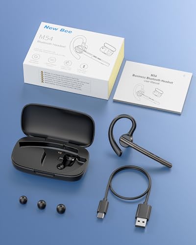New Bee Bluetooth Headset V5.1 72H Talk Time Dual Mic with Mute Button for Business, Wireless Hand-Free Bluetooth Earpiece with 500mAh Charging Case for Cell Phone Calls Trucker Driver Laptop - color: Gunmetal