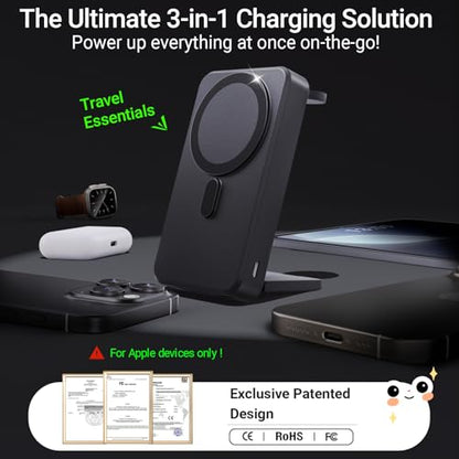 Kysson 5-in-1 Portable Charger,10000mAh Foldable Power Bank Fast Charging,MagSafe Charger Battery Pack Magnetic,Travel Wireless Charging Station for iPhone 17/16/15/14/13/12,iWatch,Air pods, Black