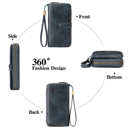 GAEKEAO Leather Credit Card Holder Wallet for Women RFID Blocking Large Capacity Bifold Zipper Card Case Organizer with Wristlet 45 Slots - color: Blue