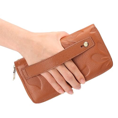 GAEKEAO RFID Leather Wristlet Wallet for Women with Grip Strap | Large capacity clutch wallet, credit card holder, wrist strap, zipper purse, travel and shopping - color: A11 Embossed Brown