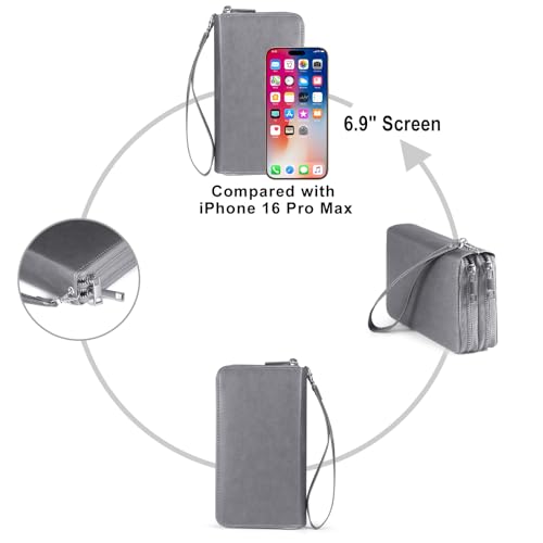 RFID Blocking Cellphone Wristlet Bag for Women Dual Zipper Travel Purse Large Capacity 17 Card Holder Ladies Phone Clutch with Removable Strap, Grey - color: Grey
