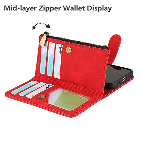 iCoverCase for iPhone 12 Mini Wallet Case with Card Holder and Wrist Strap, PU Leather Kickstand Card Slots Zipper Pocket Magnetic [Detachable] Flip Cover Case 5.4 Inch (Red) - color: Red