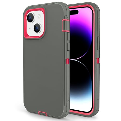Compatible with iPhone 15 Case, Dual Layer Shockproof Full Body Cover Military Grade Drop Protection Heavy Duty Phone Case for Apple Phone 15/14/13 6.1 inch (Grey/Rose) - color: Grey/Rose