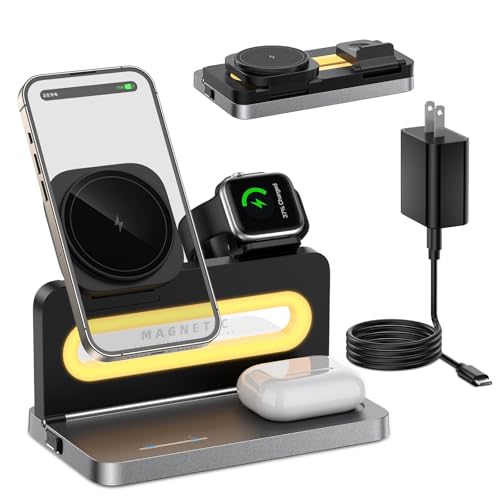 4 in 1 Wireless Charging Station for Apple MagSafe,Magnetic Foldable Wireless Charger Stand for iPhone 17 16 15 14 13 12,Watch, AirPods - Fast Nightstand Charging Dock with Light for Multiple Devices