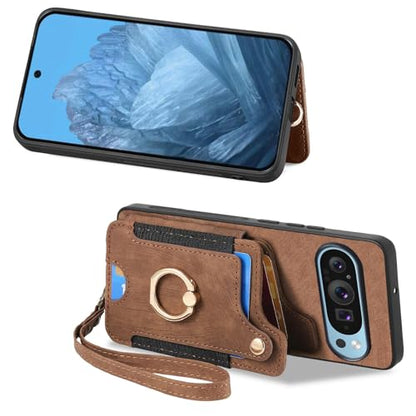 for Google Pixel 11 Pro XL Phone Case Wallet Card Holder,PU Leather Flip Folio Case,RFID Blocking Ring Holder Kickstand Wrist Strap Magnetic Protective Women Men Cover Brown - color: Brown, size: Pixel 11 Pro XL