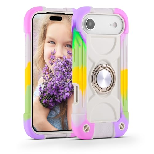 MARKILL Compatible with iPhone Air Case 6.5 Inch 2025 with 360 Degree Rotate Ring Stand, Military Grade Drop Protection Full Body Rugged Protective Case Kids - color: Rainbow White, size: iPhone Air 6.5"