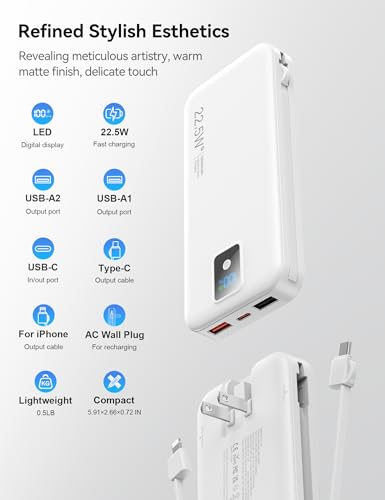 Portable Charger 12000mAh 22.5W w/Built-in Cable & Wall Plug White - color: White