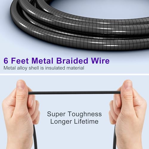 6FT Chew Proof Metal USB to Lightning iPhone Charger Cord, Cat Proof, Black