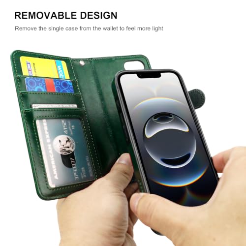 Bocasal Detachable Wallet Case Card Holder for iPhone 17e/16e, Green | RFID Blocking Kickstand Card Slots Holder PU Leather Magnetic Shockproof Wrist Strap Removable Flip Protective Cover 6.1 inch - color: Green