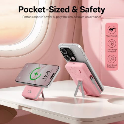 Q Magnetic Wireless Portable Charger 10,000mAh, Travel Essentials Power Bank with Built-in Cables & Foldable Stand, External Battery Pack Compatible with iPhone 17/16/15/14/13/12, Apple Watch - color: Pink
