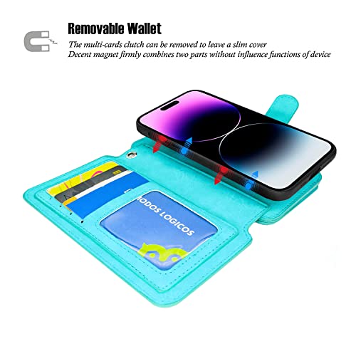 MODOS LOGICOS Case Compatible with iPhone 15 Pro Max 6.7", [Detachable Wallet Folio][Zipper Cash Storage][14 Card Slots 1 Id Window] PU Leather Purse with Removable Inner Magnetic TPU Case - Teal - color: Teal, size: iPhone 15 Pro Max