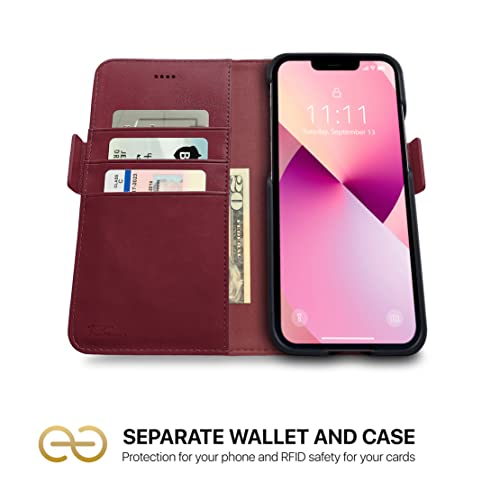 Dreem Vegan Leather Magnetic Detachable Wallet Case for iPhone 13 Burgundy | Built-in Phone Stand, RFID Blocking Card Holder Flip Cover, MagSafe Compatible, Gift Box [Fibonacci: Burgundy] - color: Burgundy, size: iPhone 13