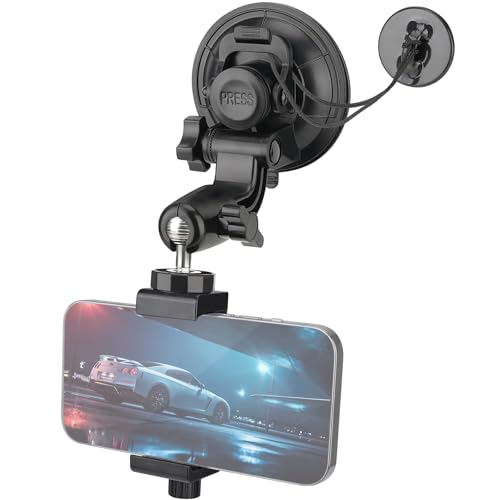 Heavy Duty Φ90mm Suction Cup + Adjustable Dual-Ball-Head Action Camera Dash Cam Phone Car Mount Windscreen Window Cockpit Holder for iPhone GoPro insta360 Video Recording (1.5kg Load)