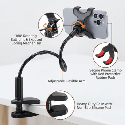 Gooseneck Phone Holder, 27.5" Flexible Phone Holder for Bed Desk, 360° Rotation Cell Phones Stand with Clamp, Heavy Duty Bracket for Bedside Living Room/Black - color: Black