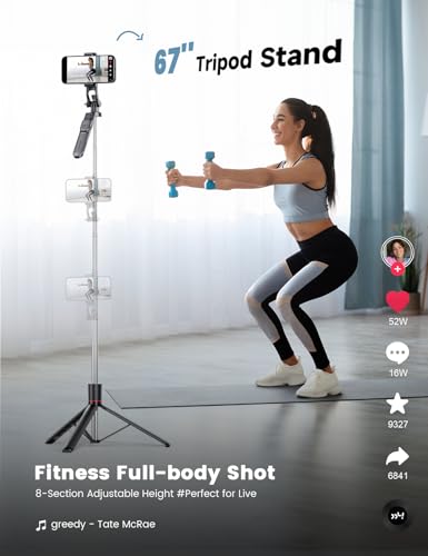 67’’ Selfie Stick Tripod with Light, Basic Phone Stand for iPhone & Samsung, All-in-One Extendable Tripod with Remote, 360° Rotation Handle, Portable Travel Vlog Kit for Video Recording Live Streaming