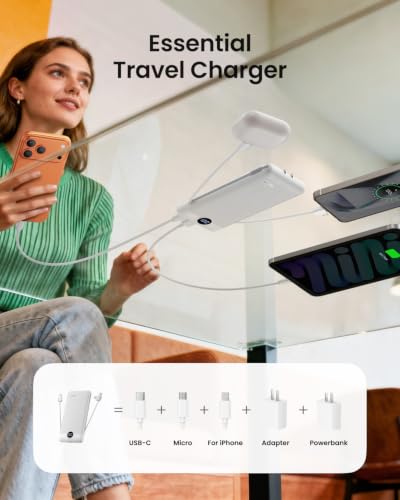 Portable Charger with Wall Plug, Slim USB C Power Bank with Built-in Cables, 10000mah LED Display External Battery Pack Compatible with iPhone/Android & More(White) - color: White