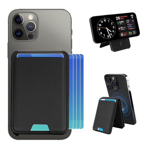Magsafe Wallet with Adjustable Stand, Magnetic Phone Card Holder - color: Leather Stand No Clip - Ebony Black