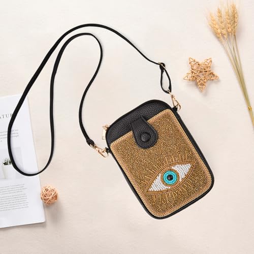 Women's Small Crossbody Cell Phone Bag, Boho Colorful Beaded Purse Wallet with Handmade Cute Patterns - color: Eye-gold
