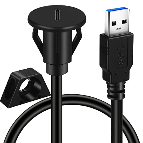 Small USB 3.0 Male to Type C 3.0 Female Car Flush Mount Cable USB C 3.0 Panel Mount Extension Cable for Car Truck Boat Motorcycle Dashboard 3ft