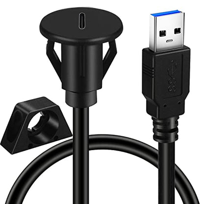 Small USB 3.0 Male to Type C 3.0 Female Car Flush Mount Cable USB C 3.0 Panel Mount Extension Cable for Car Truck Boat Motorcycle Dashboard 3ft