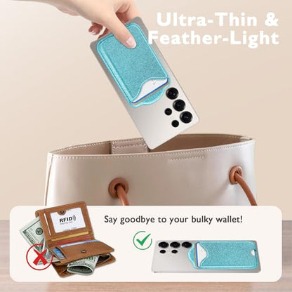 Fjcdslwx Compatible with Magsafe Wallet Magnetic Card Holder -Glitter Seablue Phone Wallet for Galaxy S25 Series,iPhone 17/16/15/14/13 Series for Women Teen Girls for Apple Mag RFID Magnet,Fit 3 Cards - color: Sea blue