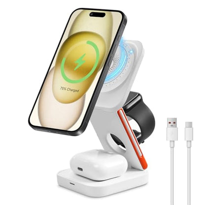 Upgrated 3 in 1 Wireless Charging Station Foldable Fast Wireless Charger Magnetic Charging Stand for iPhone 16 15 14 13 12 Pro Max for Apple Watch 9 8 7 6 5 4 3 2 for AirPods 3 2 Pro (White) - color: White