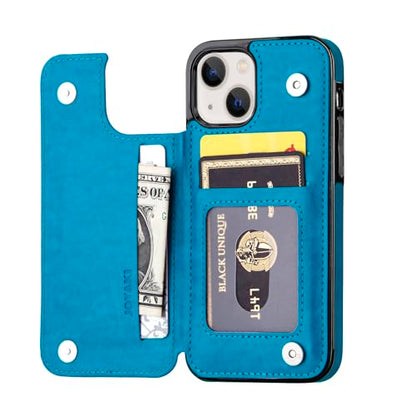 Wallet Case Compatible with iPhone 15,Slim Protective case with Card Holder,Premium PU Leather Kickstand Card Slots with Double Magnetic Clasp for iPhone 15(6.1")-Blue Butterfly - color: Blue