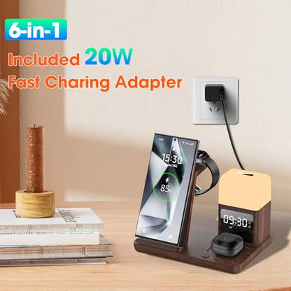 Wireless Charger for Samsung Charging Station with Digital Clock-Alarm - color: Walnut