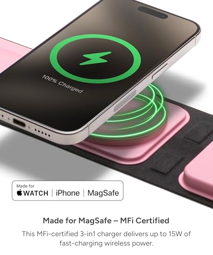 Mophie 3-in-1 Travel Charger with MagSafe - Portable Wireless Charging Hub - color: Cherry Blossom Pink, style: Gen 2