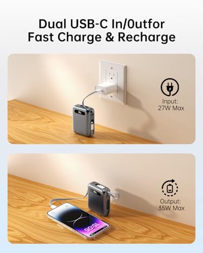 Portable Charger Power Bank, Ultra Mini 10000mAh Portable Charger with Built-in Cables, 35W Fast Charging Battery Pack, Travel Essential Compatible with iPhone 17 16 15 Samsung S22 S21 Google iPad etc - color: Grey