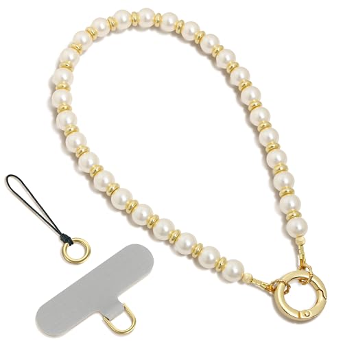 SURPHY Phone Charm, Handmade Beaded Phone Wrist Strap with Tether Tab - color: A- Pearl Gold
